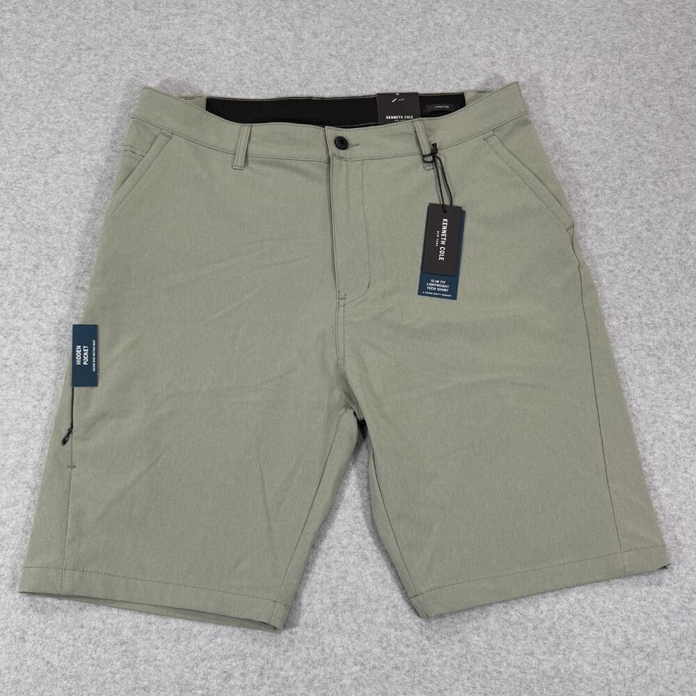 Kenneth Cole Mens Slim Fit Tech Shorts 36x10 Sage Heather Green Golf Stretch NWT